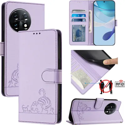 Produktbild von Leder Hülle für OnePlus 11 Süße Katze Flip Case Brieftasche Schutzhülle mit Standfunktion Lila
