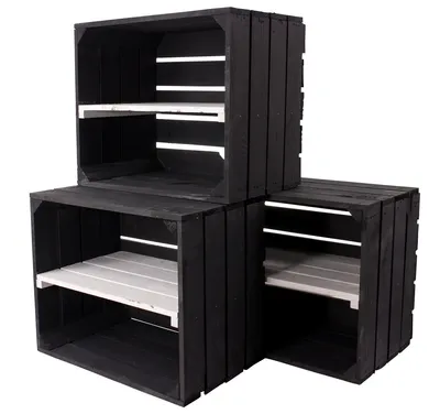 Produktbild von 9er Set neue schwarze Obstkiste mit Regalbrett in weiß 50cm x 40cm x 30cm „von Kontorei“ 2er 3er 4er 6er 8er 9er 12er Set standard Regalkisten Regalsystem Weinkisten Holzkiste Kiste Schuhregal Regal Holzregal