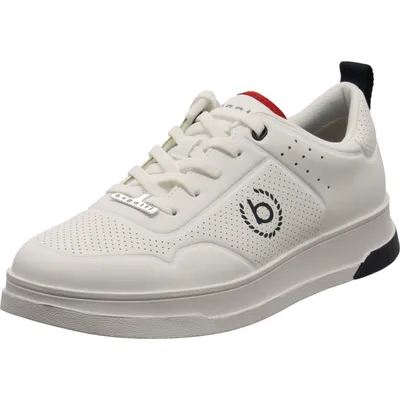A single white Bugatti sneaker is shown from a side-angle against a white background.