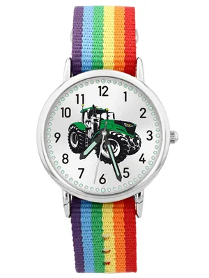 Produktbild von Kinder Armbanduhr Jungen Mädchen Traktor Trecker grün Uhr wasserdicht Kinderuhr Regenbogen bunt 87651