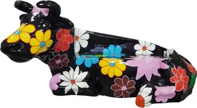 Produktbild von Casa Padrino Designer Sitzbank Kuh mit Blumen Design Schwarz / Mehrfarbig 200 x H. 98 cm - Wetterbeständige Kuh Skulptur Gartenbank - Garten & Terrassen Deko Accessoires