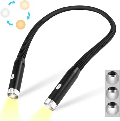 Zdjęcie produktu dla Lampa do czytania, ładowalna - lampa czołowa, elastyczna - czytanie bez użycia rąk - 3 kolory, 3 poziomy jasności - bateria 1000 mAh - czarna