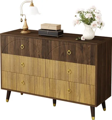 Produktbild von Kommode Sideboard - 120x40x81 cm, Dunkelbraun und Hell - 6 Schubladen mit goldenen Ringgriffen - Konische Massivholzbeine - Retro-Design