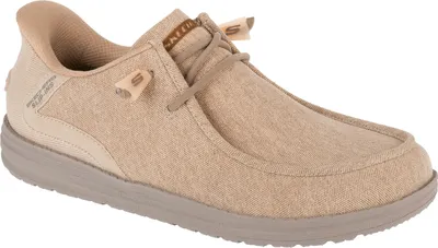 A single taupe Skechers slip-on shoe is shown from a side angle against a white background.