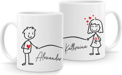Produktbild von Kaffee-Tasse mit Namen Liebes-Paar Strichmännchen Motiv personalisierbar Liebesgeschenke Valentinstag Weihnachten (1 Tasse) SpecialMe® Variante 1 weiß Keramik-Tasse