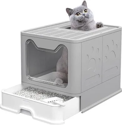 A cat peeking out of a modern, enclosed litter box with a pull-out tray.