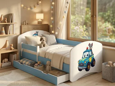 Image de Lit d'enfant 140 x 70 cm bleu avec matelas et tiroir | Ensemble complet avec barrière de sécurité | Lit robuste pour la chambre d'enfant, chiens