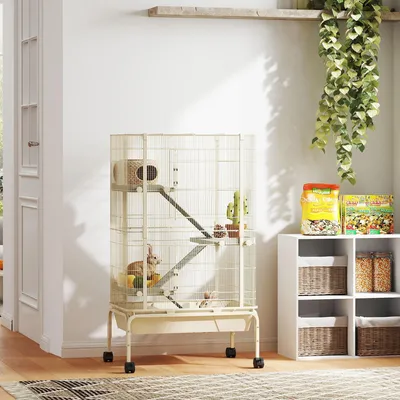 Produktbild von SUGIFT Kleintierkäfig mit 4 Ebenen, für Kaninchen Frettchen Chinchilla, Stahl-Kunststoff-Konstruktion, Beige | 69x44x120 cm | mit Rampen, Napf & Flasche