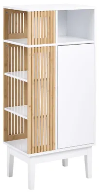 Produktbild von BELIANI Badezimmerschrank Weiß u. Hellbraun aus MDF Bambusholz Kiefernholz mit Beinen Lamellen Optik Waschtischunterschrank Badezimmermöbel