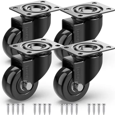 A set of four black swivel casters with mounting plates and screws on a white background.