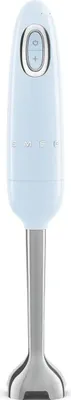 A light blue and silver hand blender shown from the front.