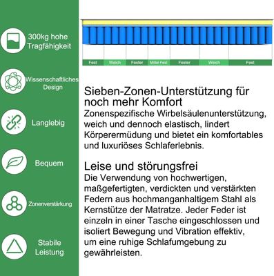FDM Borneo Matratze 120x200 – 7-Zonen Taschenfederkern, Härtegrad H3, Waschbarer Bezug
