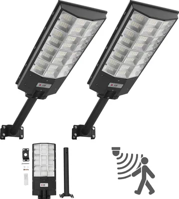 Immagine prodotto di Lampione stradale solare VEVOR da 450.000 lm, lampione da 8000 W, lampada solare con sensore crepuscolare, proiettore a LED con sensore di movimento, illuminazione da esterno impermeabile IP67, per vialetti e cortili, confezione da 2 pezzi