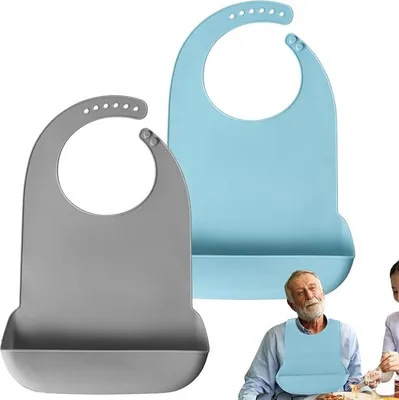 Produktbild von 2 Stš¹ck Silikon L?tzchen fš¹r Erwachsene, Waschbare Erwachsenen L?tzchen mit Auffangschale Wasserdicht Latz fš¹r Erwachsene Verstellbares Essl?tzchen fš¹r Erwachsene ?ltere