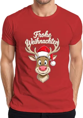 Produktbild von Frohe Weihnachten Rentier Niedlich Cartoon Weihnachtsmütze Lustig Herren T-Shirt, Rot, 3XL