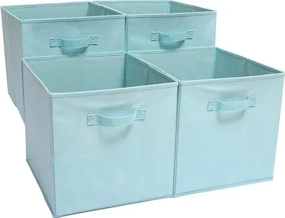 Imagen del producto de Juego de 4 cubos de almacenamiento plegables sin tapa, color azul claro, 33 x 37 x 33 cm, 100% de tela no tejida, con asa frontal