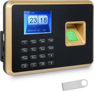 A fingerprint time clock machine with a keypad and screen, shown at an angle with a USB drive in the foreground.