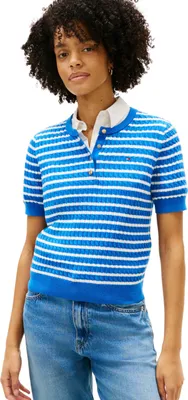 Produktbild von Tommy Hilfiger Damen Pullover Cable Fine Henley Kurzarm, Blau (Breton STP Blue O