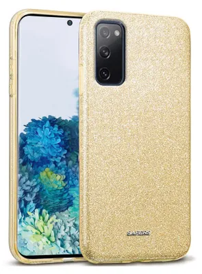 A gold glitter phone case is shown on a white background, with a smartphone partially visible inside.
