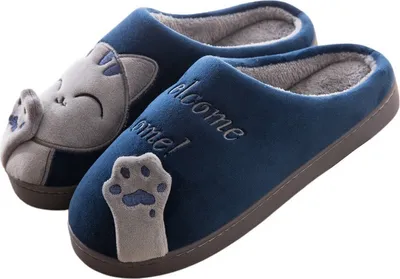 Produktbild von Damen Herren Hausschuhe Pantoffeln Plüsch Slippper Welcome Home 2 Dunkelblau Gr.38/39