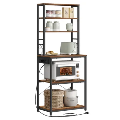 A kitchen shelf unit filled with various kitchen items.