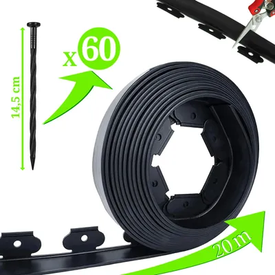 Produktbild von Rasenkante kunststoff 20m Schwarz 4cm Beeteinfassung Beetumrandung 60 Erdanker