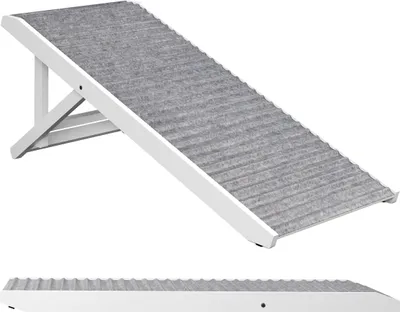Obrázek produktu pro Relaxdays – schůdky pro psy, výškově nastavitelné 38–43 cm, skládací, protiskluzové, dřevo, nosnost 35 kg, schůdky na postel a pohovku, šedá/bílá
