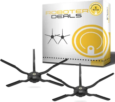A product shot of two black side brushes for a robot vacuum cleaner, with the product packaging in the background.