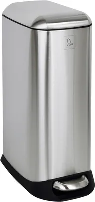 A silver and black pedal trash can is shown against a white background.