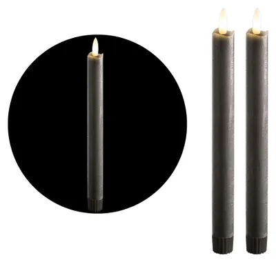 Produktbild von Stabkerzen LED mit Timer GRAU 2er indoor mit 6 Stunden Timer - ECHTWACHS 23cm Höhe für Kerzen 2,2cm Durchmesser 2 AAA Batterien notwendig LED Stabkerzen flackernde Flamme bewegliche Flamme