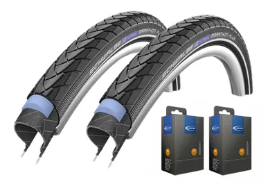 Image de 2 pneus de vélo Schwalbe Marathon Plus, dimensions 28 x 1,40 pouces (37-622), + 1 chambre à air DV 17 + 1 démonte-pneus