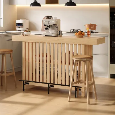 Imagen del producto de Mesa auxiliar con reposapiés y estante de 2 niveles, mesa auxiliar compacta con estructura de listones, 160x40x105 cm, color natural