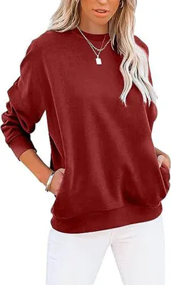 Image de ASKSA Pulls femme col rond manches longues Sweat-shirt décontracté monochrome automne hiver Hauts Oversize, Rouge, XL