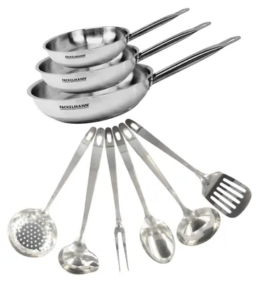 Image de Set de 3 poêles de 20, 24 et 28 cm en inox et 6 ustensiles inox Fackelmann Eterna