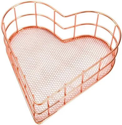 Imagen del producto de Organizador en color rosa dorado: estructura de alambre en forma de corazón, ideal para organizar el escritorio, perfecto para guardar snacks, joyas o cosméticos, adecuado para la oficina, el dormitorio o la cocina. Caja de alambre en forma de corazón
