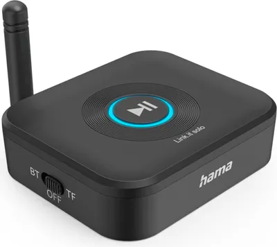 A black Bluetooth adapter with an antenna and a glowing blue play/pause button.