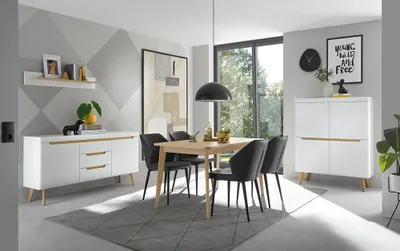 Produktbild von Esszimmer Set in Weiß Matt mit Eiche STOCKTON-61, 4-teilig
