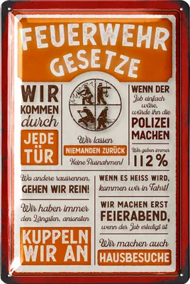Produktbild von LANOLU Retro Blechschild Feuerwehrgesetze - Feuerwehrmann Geschenke für Männer, Feuerwehr Deko Schild - Metallschild mit Spruch, 20x30cm