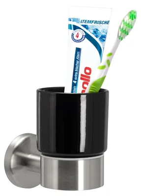 Immagine prodotto di bremermann serie PIAZZA - Portabicchieri, portaspazzolino con supporto a parete, in Vetroceramica nera e acciaio inox opaco