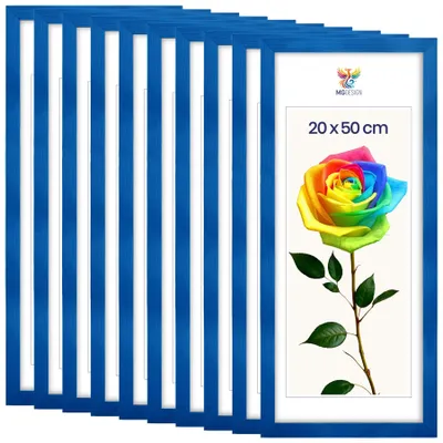 Obrázek produktu pro MG Design, sada 10 kusů rámečků na obrázky, rozměr 20 x 50 cm – rámečky na plakáty s modrým rámem z masivního dřeva a odolným akrylovým sklem, vhodné pro vertikální i horizontální formáty, s robustním systémem pro zavěšení na zeď