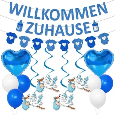 Image de Bienvenue à la maison, décoration pour bébé - Motif de cigogne avec guirlande et ballons - Pour intérieur et extérieur - Ensemble bleu
