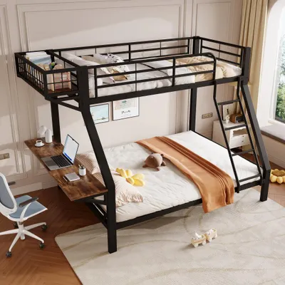 Produktbild von Etagenbett Metall mit Schreibtisch, Staufach & Geländer, Kinderbett, Ohne Matratze, 90 x 200 / 140 x 200 cm, SchwarzEtagenbett Metall mit Schreibtisch, Staufach & Geländer, Kinderbett, Ohne Matratze, 90 x 200 / 140 x 200 cm, Schwarz