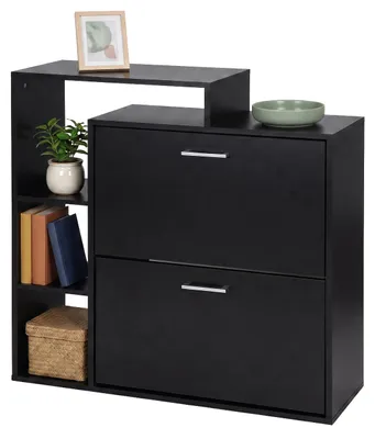Produktbild von Relaxdays Schuhschrank, HxBxT: 90 x 80 x 23,5 cm, 2 Klappen, für 12 Paar, offene Ablagen, schmaler Schuhkipper, schwarz