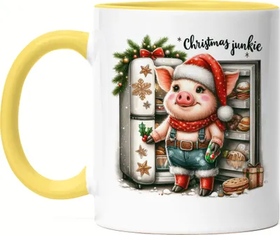 Produktbild von Christmas Junkie Lustiges Schweinmotiv Tasse Gelb Geschenkidee witziges Design Weihnachten