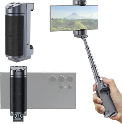 Produktbild von Vielseitiger Smartphone-Selfie-Griff, Telefonkamera-Griff, integrierter ausziehbarer Selfie-Stick mit abnehmbarem Fernausloeser, Kaltschuhhalterung fuer Foto-, Video-, Zoom- und Fokussierung, kompatibel mit iPhone 16/15/14/13