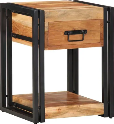 A product shot of a wooden nightstand with a black metal frame.