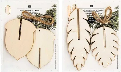 Produktbild von Packung Weihnachtsdekorationen aus Holz - 3 geprägte Eicheln + 3 geprägte Tannenzapfen