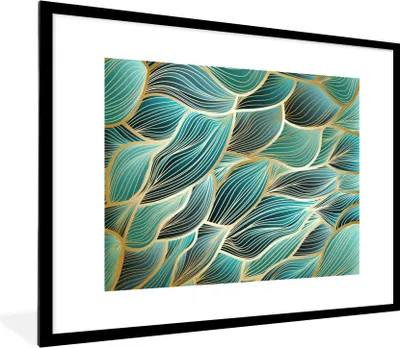 Produktbild von MuchoWow® Gerahmtes Poster Goldene Wellen auf blauem Hintergrund 80x60 cm - Poster mit Schwarzem Bilderrahmen Wandposter Rahmen Foto Bilder - Schlafzimmer-Dekorationen - Fotoposter