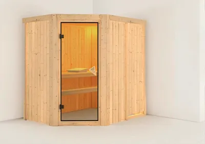 Produktbild von Plug & Play Sauna Karibu Laja ohne Ofen und Dachkranz mit bronzierter Ganzglastüre