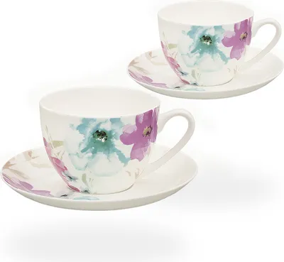 Produktbild von Buchensee Teetassen / Kaffeetassen Porzellan, 2 Tassen je 210ml, Blumendeko, Fine Bone China